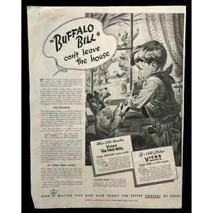 Vicks Vaporub Cold Rub Ointment Vintage Print Ad 1938 Buffalo Bill Sick Kid